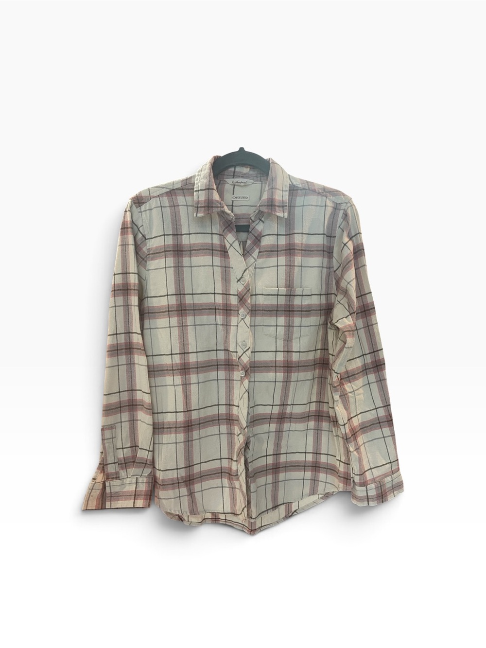 Weatherproof Women's Cream Plaid Button-Down Shirt with Pink and Gray Stripes